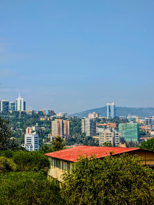 Kigali's hilly skyline seen through greenery