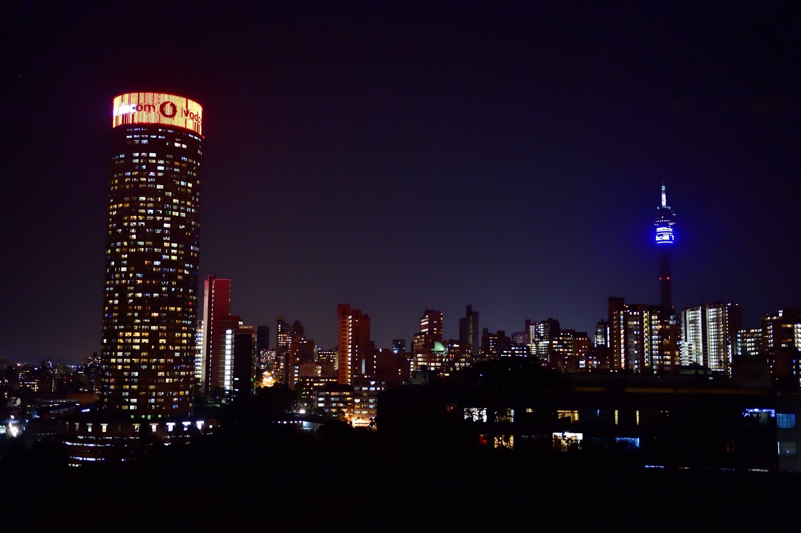 Ponte City tower lit up at night, Johannesburg